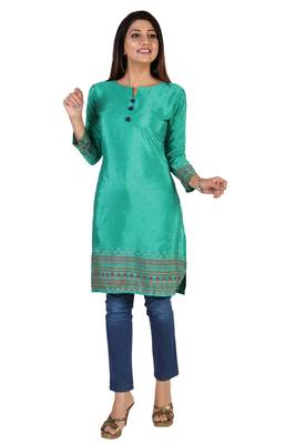 Green printed silk long-kurtis 1