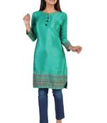 Green printed silk long-kurtis