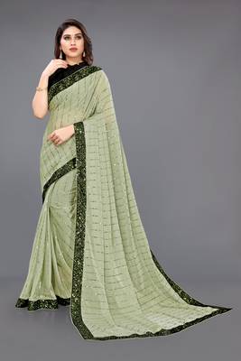 Light green embroidered lycra saree with blouse 2