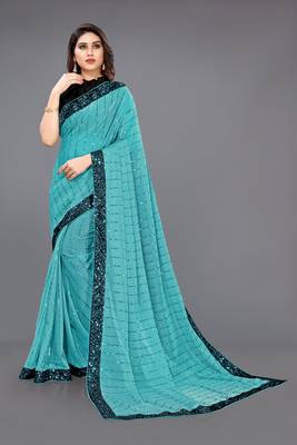 Turquoise embroidered lycra saree with blouse 1