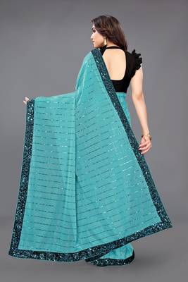 Turquoise embroidered lycra saree with blouse 3