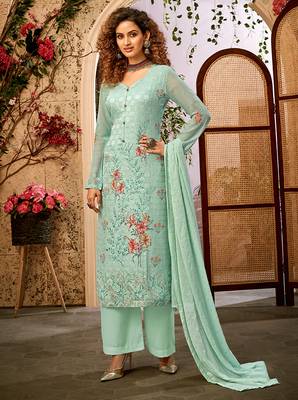 Sea-green embroidered georgette salwar 1