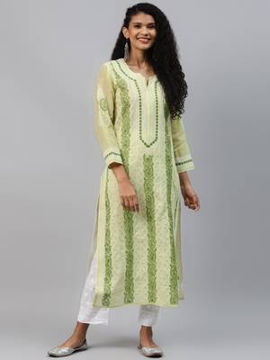Ada Hand Embroidered Green Cotton Lucknowi Chikankari Indian Women Kurta- A241619 1