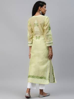 Ada Hand Embroidered Green Cotton Lucknowi Chikankari Indian Women Kurta- A241619 2