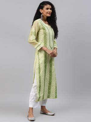 Ada Hand Embroidered Green Cotton Lucknowi Chikankari Indian Women Kurta- A241619 3