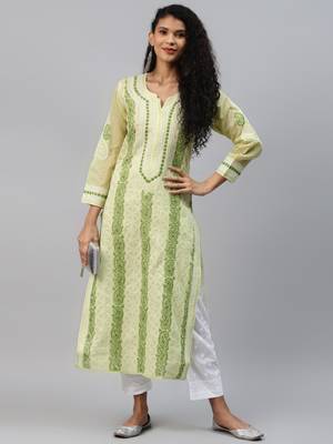 Ada Hand Embroidered Green Cotton Lucknowi Chikankari Indian Women Kurta- A241619 4