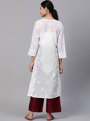 Ada Hand Embroidered White Cotton Lucknow Chikan kurta 8