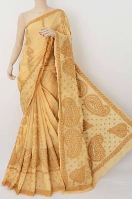 Yellow embroidered cotton saree with blouse 1