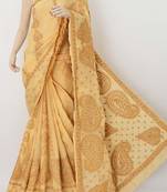 Yellow embroidered cotton saree with blouse