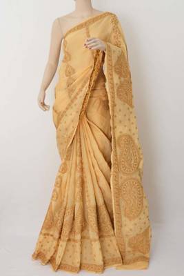 Yellow embroidered cotton saree with blouse 3