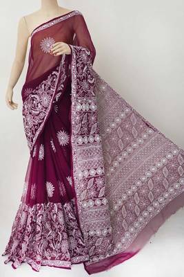 Purple embroidered georgette saree with blouse 1