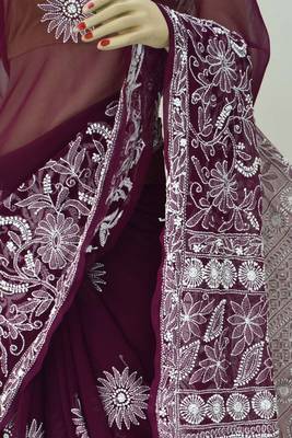 Purple embroidered georgette saree with blouse 3