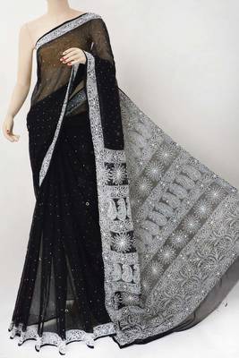 Black embroidered georgette saree with blouse 1