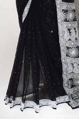 Black embroidered georgette saree with blouse 3