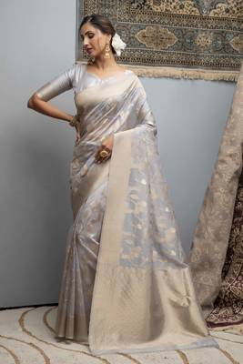 Light grey woven organza saree with blouse 1