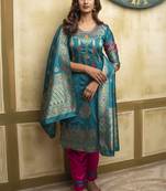 Dark-sky-blue woven banarasi silk salwar