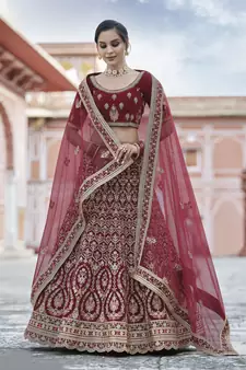 Maroon Heavy embroidery with Hand Worked Pure velvet semi stitched lehenga