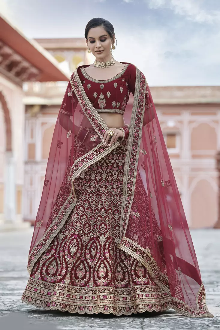 Maroon Heavy embroidery with Hand Worked Pure velvet semi stitched lehenga