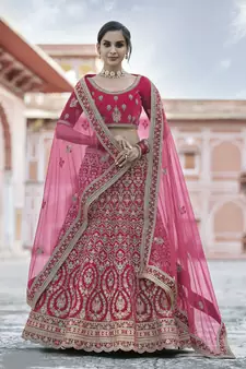 Pink Heavy embroidery with Hand Worked Pure velvet semi stitched lehenga