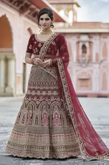 Maroon Heavy embroidery with Hand Worked Pure velvet semi stitched lehenga