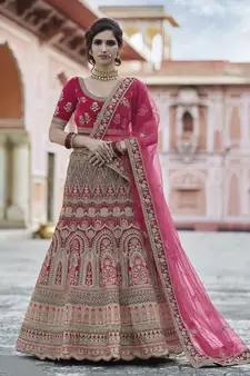 Pink Heavy embroidery with Hand Worked Pure velvet semi stitched lehenga