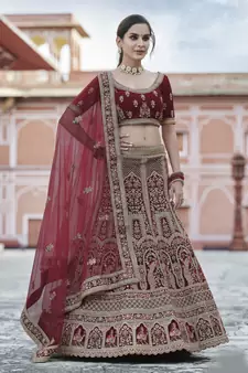 Maroon Heavy embroidery with Hand Worked Pure velvet semi stitched lehenga