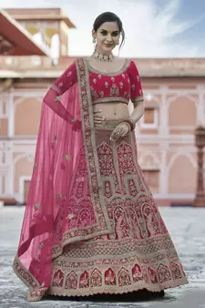 Pink Heavy embroidery with Hand Worked Pure velvet semi stitched lehenga