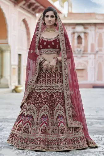 Maroon Heavy embroidery with Hand Worked Pure velvet semi stitched lehenga