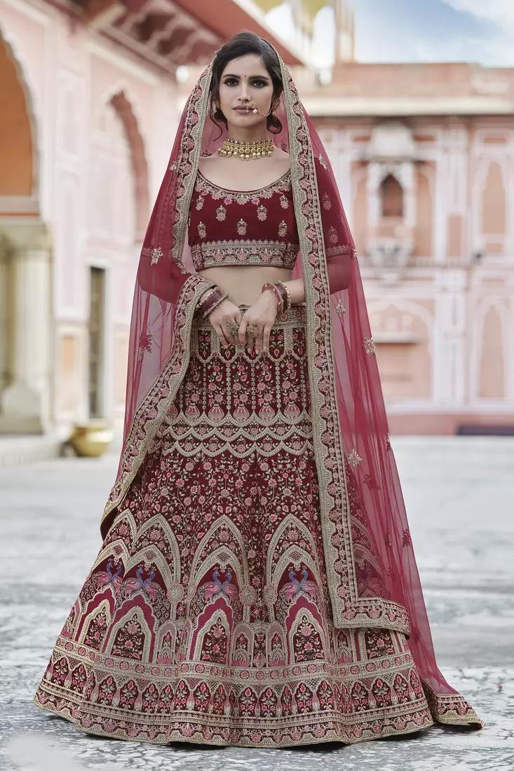 Maroon Heavy embroidery with Hand Worked Pure velvet semi stitched lehenga