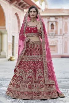 Pink embroidered velvet semi stitched lehenga