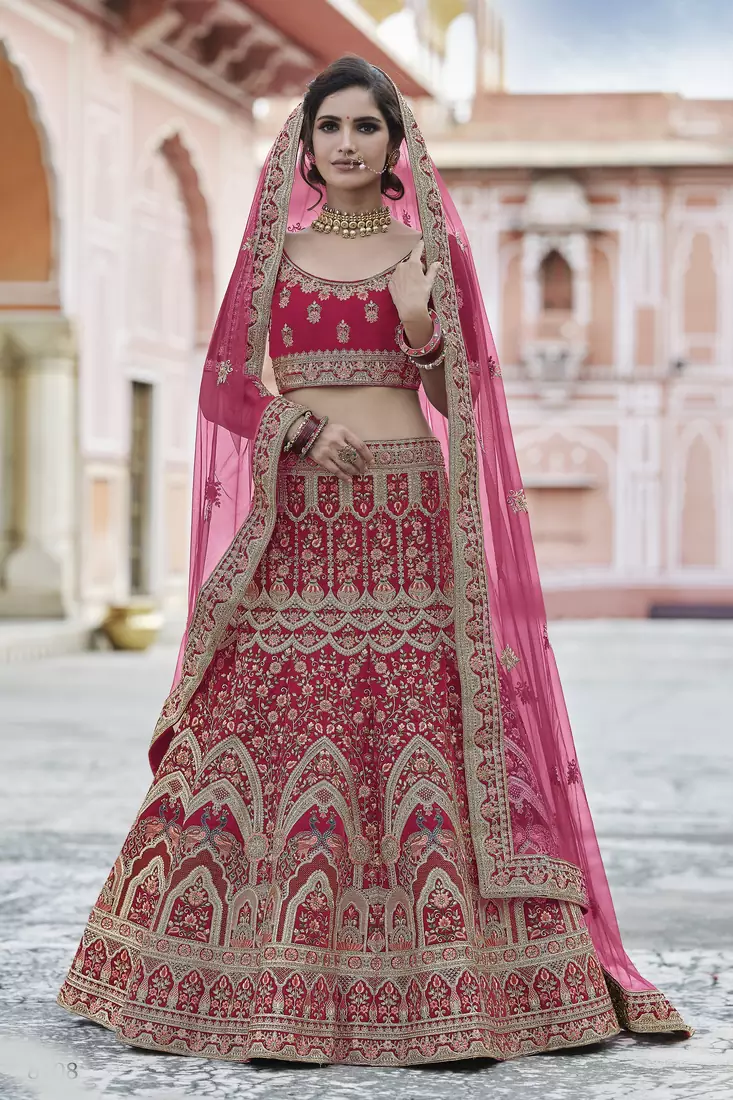 Pink embroidered velvet semi stitched lehenga