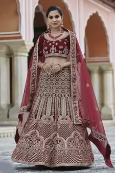 Maroon Heavy embroidery with Hand Worked Pure velvet semi stitched lehenga