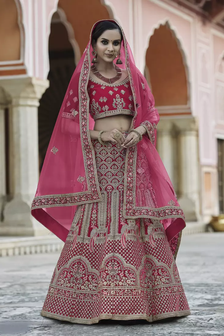 Pink Heavy embroidery with Hand Worked Pure velvet semi stitched lehenga
