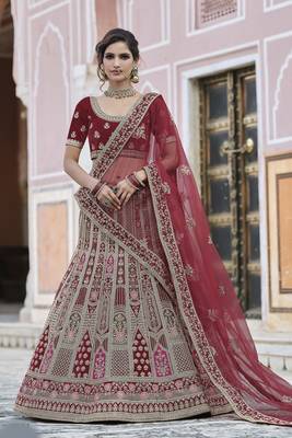 Fetching Maroon hand work and heavy embroidered velvet semi stitched Bridal lehenga 1