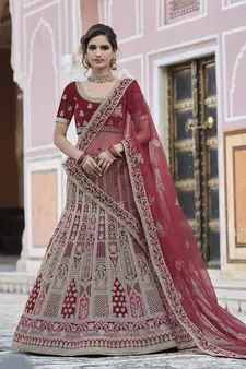 Maroon embroidered velvet semi stitched lehenga
