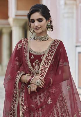 Fetching Maroon hand work and heavy embroidered velvet semi stitched Bridal lehenga 2