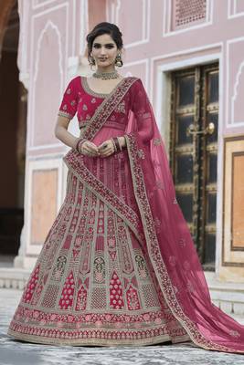 glamourous Pink hand work and heavy embroidered velvet Semi Stitched wedding Lehenga 1