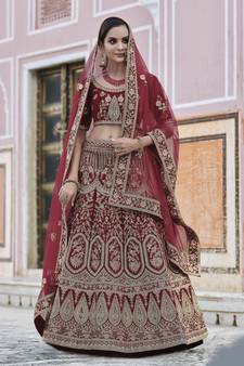 Maroon Heavy embroidery with Hand Worked Pure velvet semi stitched lehenga