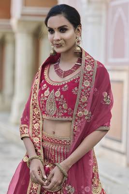Auspicious Pink hand work and heavy embroidered velvet Semi Stitched wedding Lehenga 2
