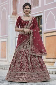 Maroon embroidered velvet semi stitched lehenga