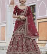 Convivial Maroon Hand work & Heavy embroidered velvet Semi Stitched Bridal Lehenga