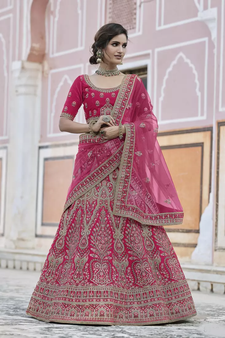 Pink Heavy embroidery with Hand Worked Pure velvet semi stitched lehenga