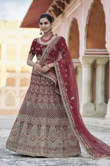 Maroon Heavy embroidery with Hand Worked Pure velvet semi stitched lehenga