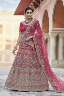Pink Heavy embroidery with Hand Worked Pure velvet semi stitched lehenga