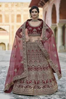 Maroon Heavy embroidery with Hand Worked Pure velvet semi stitched lehenga
