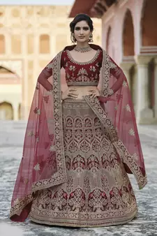 Maroon Heavy embroidery with Hand Worked Pure velvet semi stitched lehenga