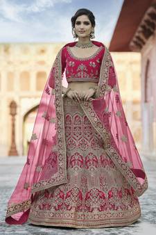Pink Heavy embroidery with Hand Worked Pure velvet semi stitched lehenga