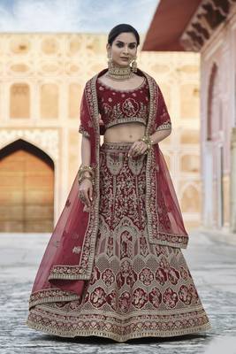 Catching Maroon hand work and heavy embroidered velvet Semi Stitched Bridal Lehenga 1