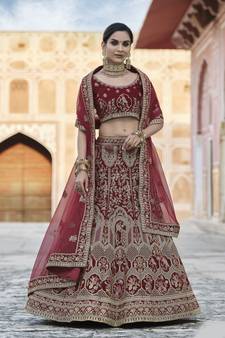 Maroon Heavy embroidery with Hand Worked Pure velvet semi stitched lehenga