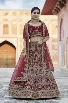 Maroon Heavy embroidery with Hand Worked Pure velvet semi stitched lehenga